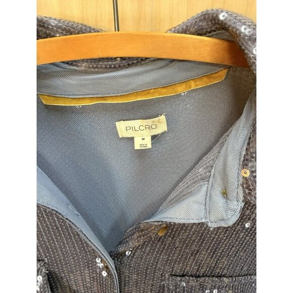 Anthropologie PILCRO Long-Sleeve Oversized Sequin Buttondown Blue Button Up Med - Picture 7 of 16